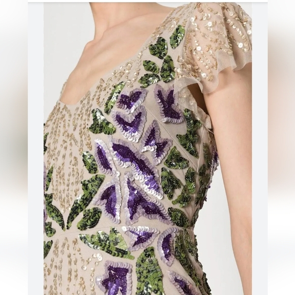 Adrianna Papell Floral Beaded Sweetheart Neck Cap Sleeves Shealth Long Gown 12 - Picture 4 of 16